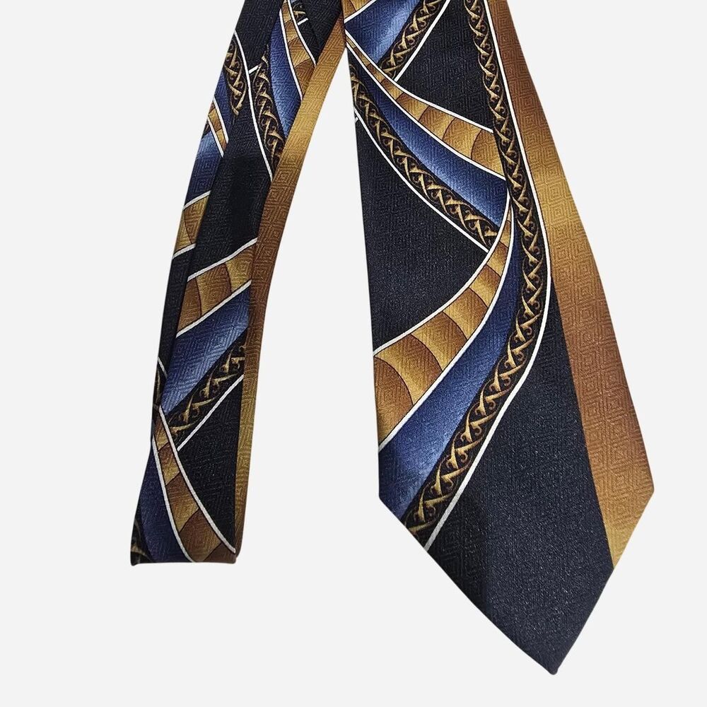 Fratello Handmade Mens Tie Blue, Gold, and Black Geometric Pattern Polyester